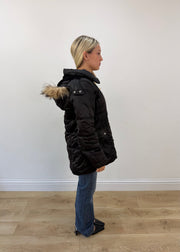 medium black moncler parka coat with faux fur hood image 6