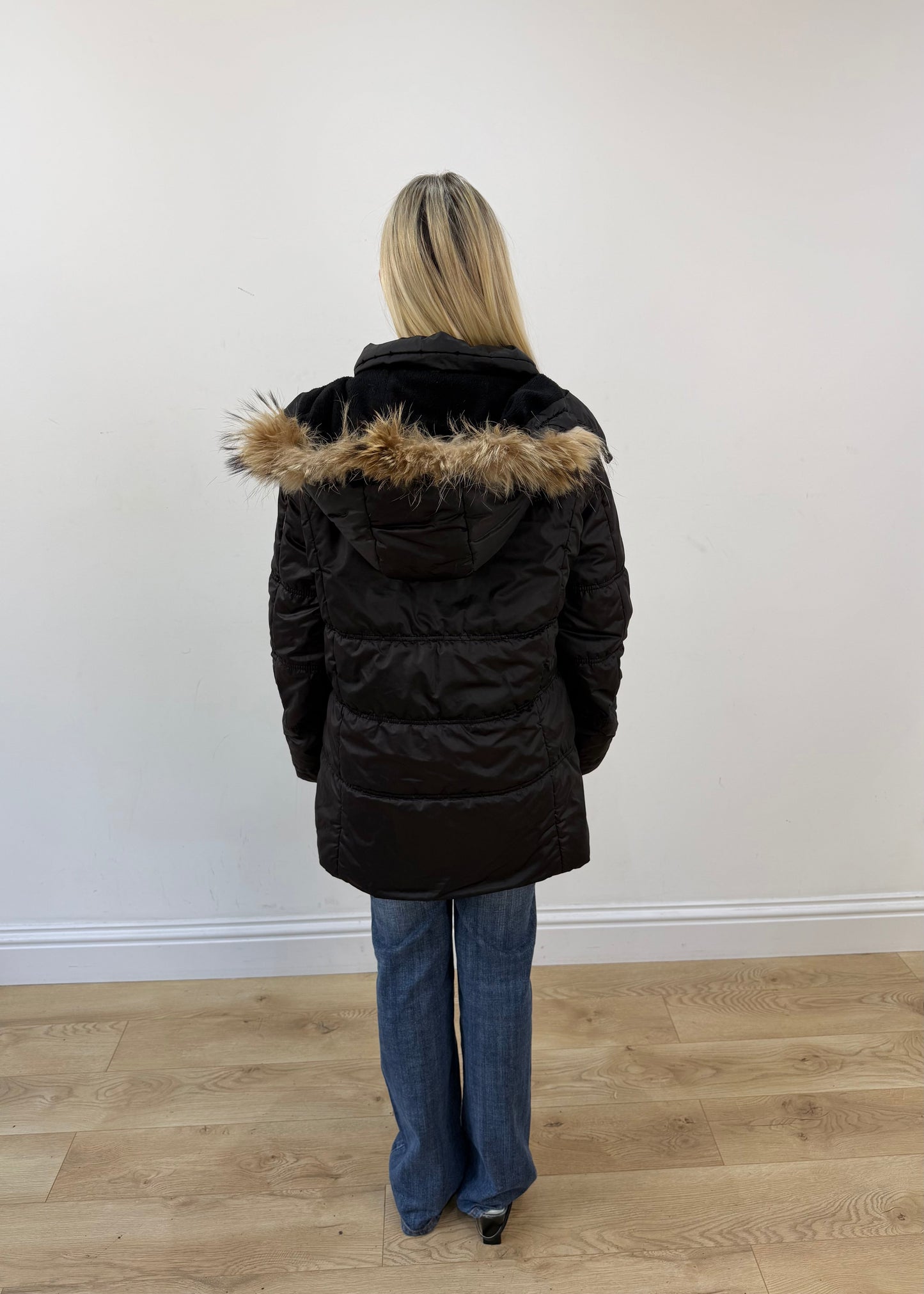 medium black moncler parka coat with faux fur hood image 7