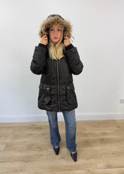 medium black moncler parka coat with faux fur hood image 8