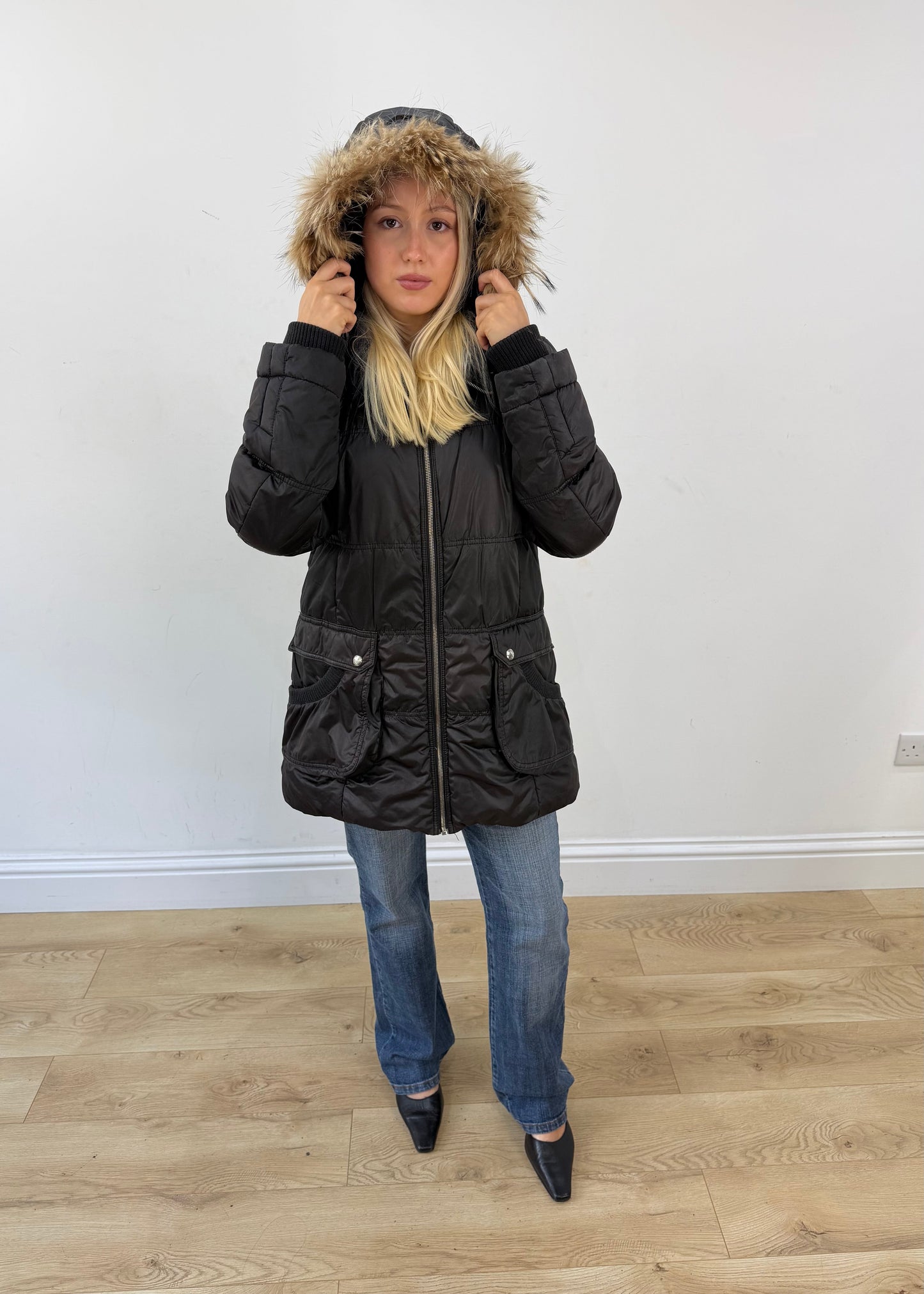 medium black moncler parka coat with faux fur hood image 8