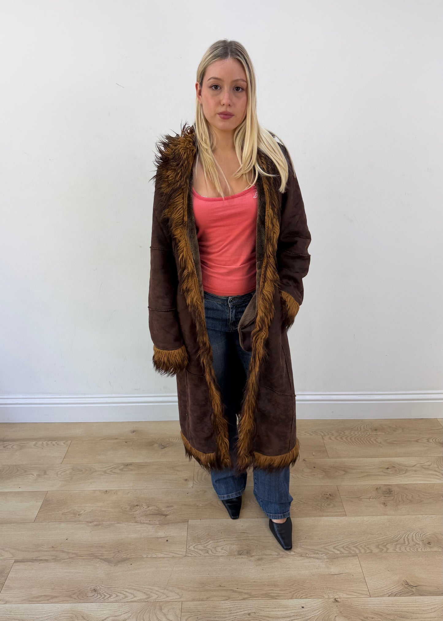 medium brown long coat with faux fur trim image 1