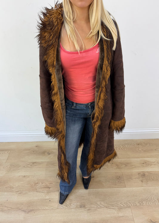 medium brown long coat with faux fur trim image 2
