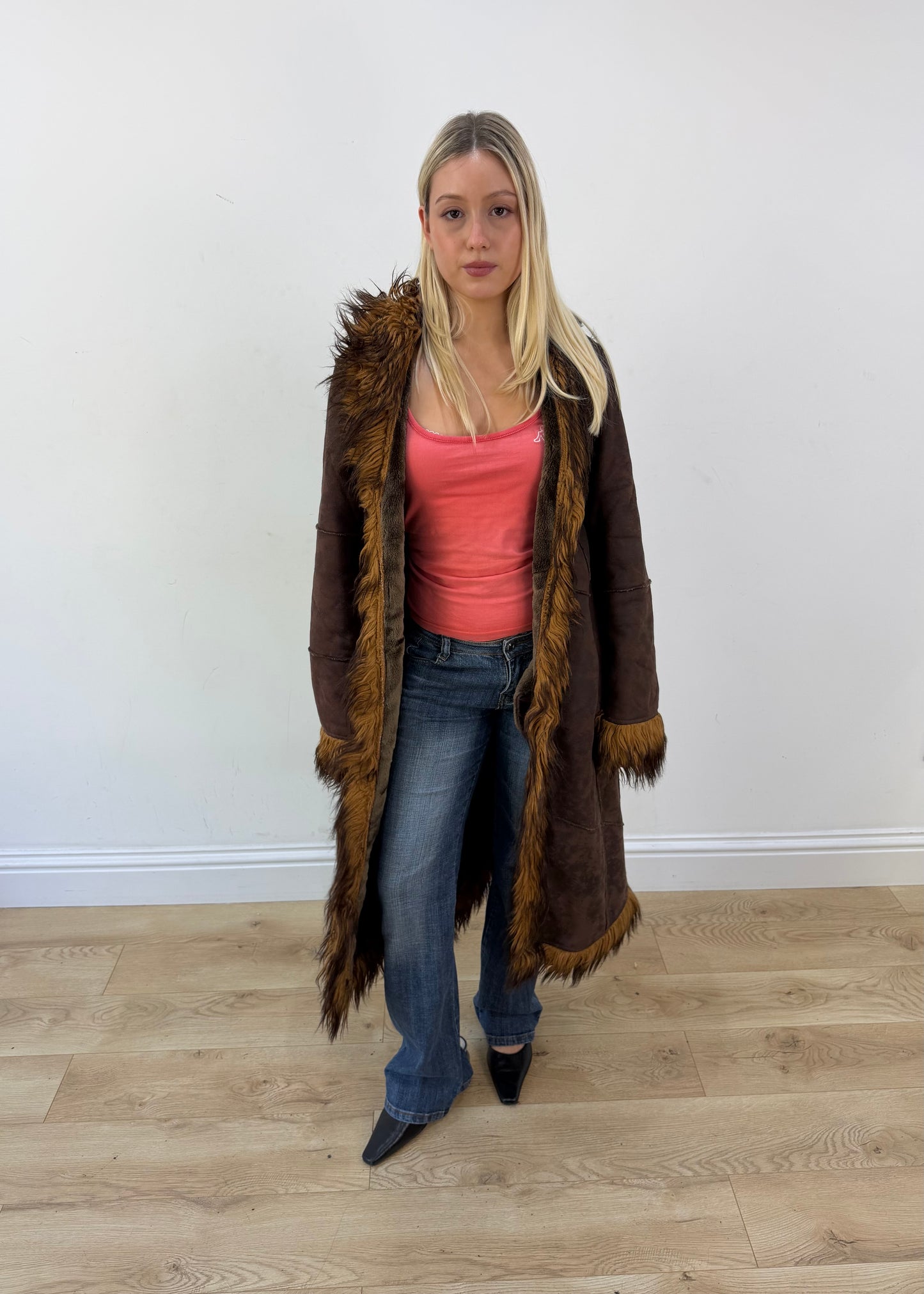 medium brown long coat with faux fur trim image 4