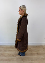 medium brown long coat with faux fur trim image 5
