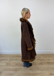 medium brown long coat with faux fur trim image 6