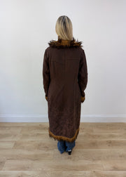medium brown long coat with faux fur trim image 7