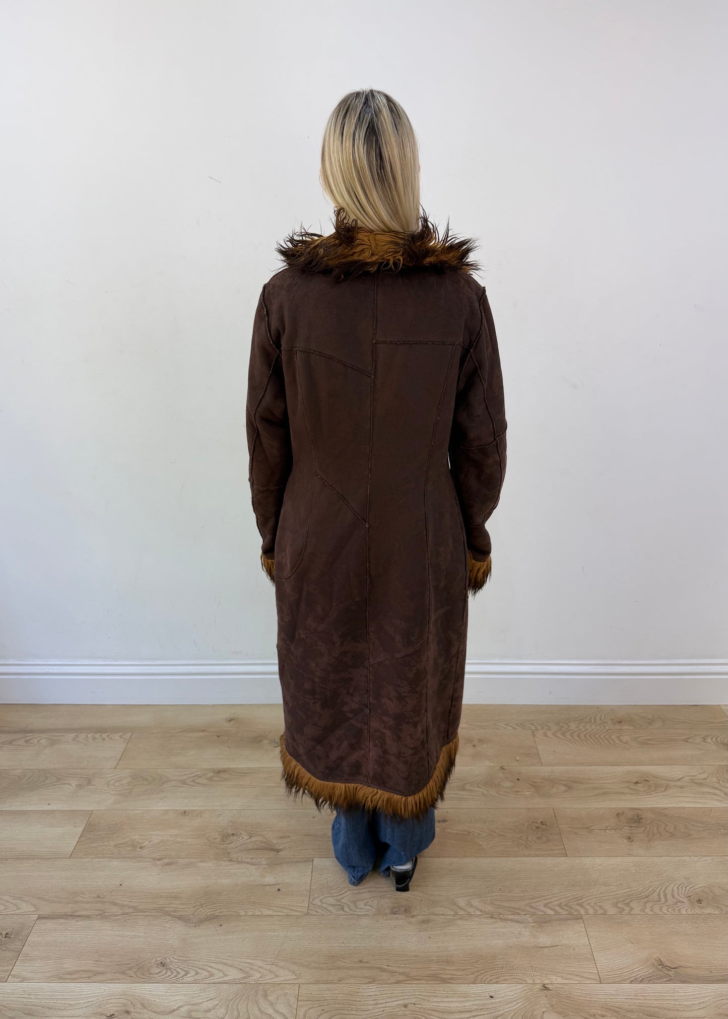 medium brown long coat with faux fur trim image 7