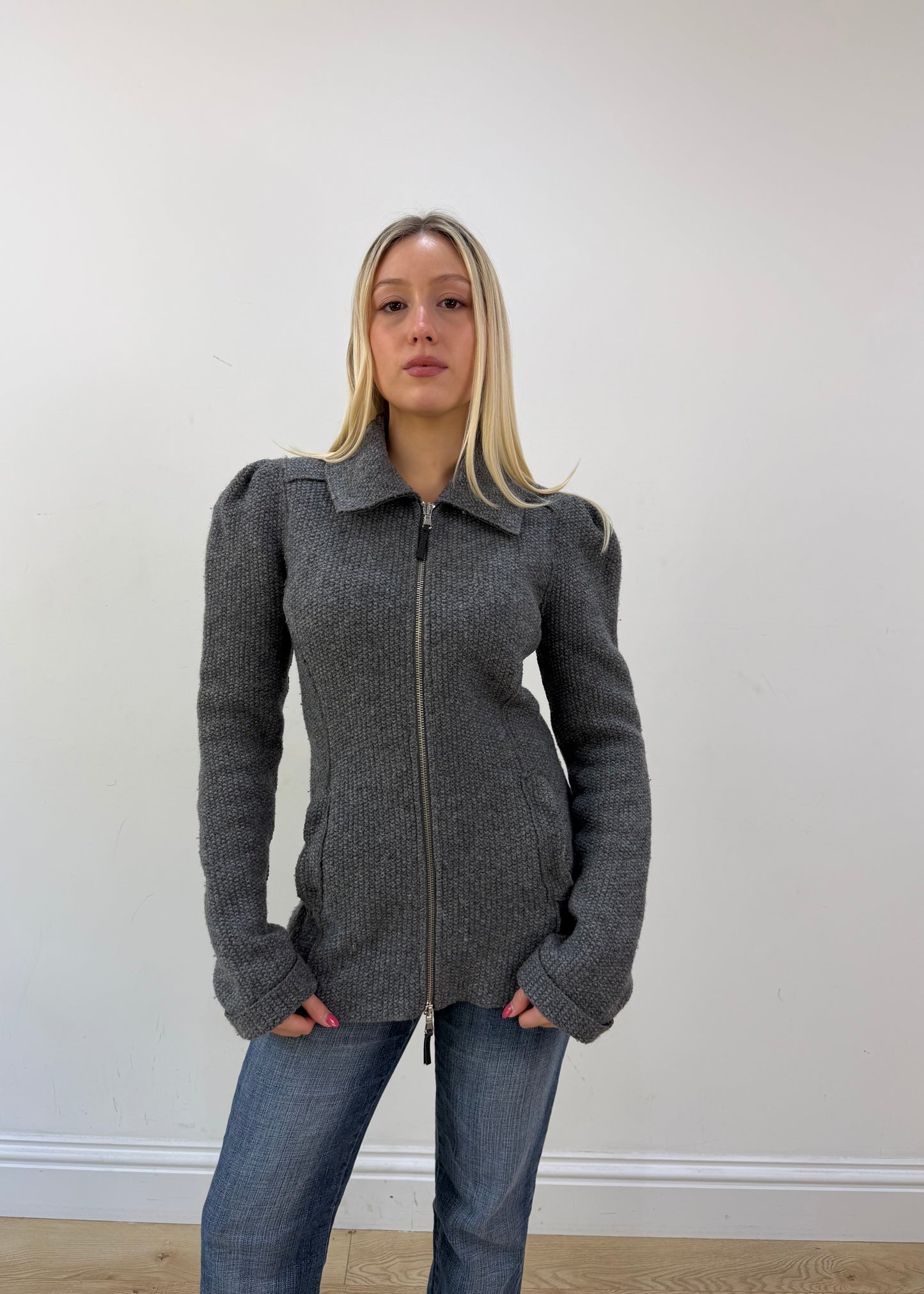 medium grey sisley textured fitted zip jacket image 3