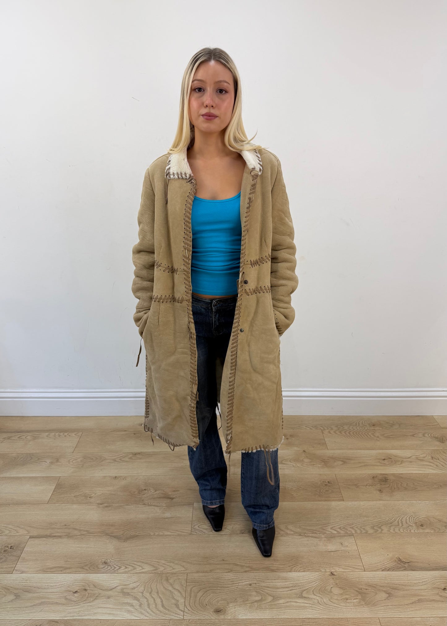 medium beige philosophy alberta ferretti shearling trim coat 4
