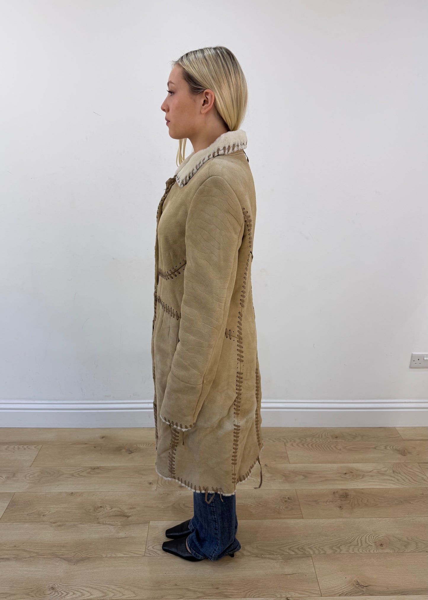 medium beige philosophy alberta ferretti shearling trim coat 5