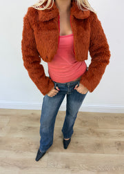 medium orange cropped faux fur jacket image 2