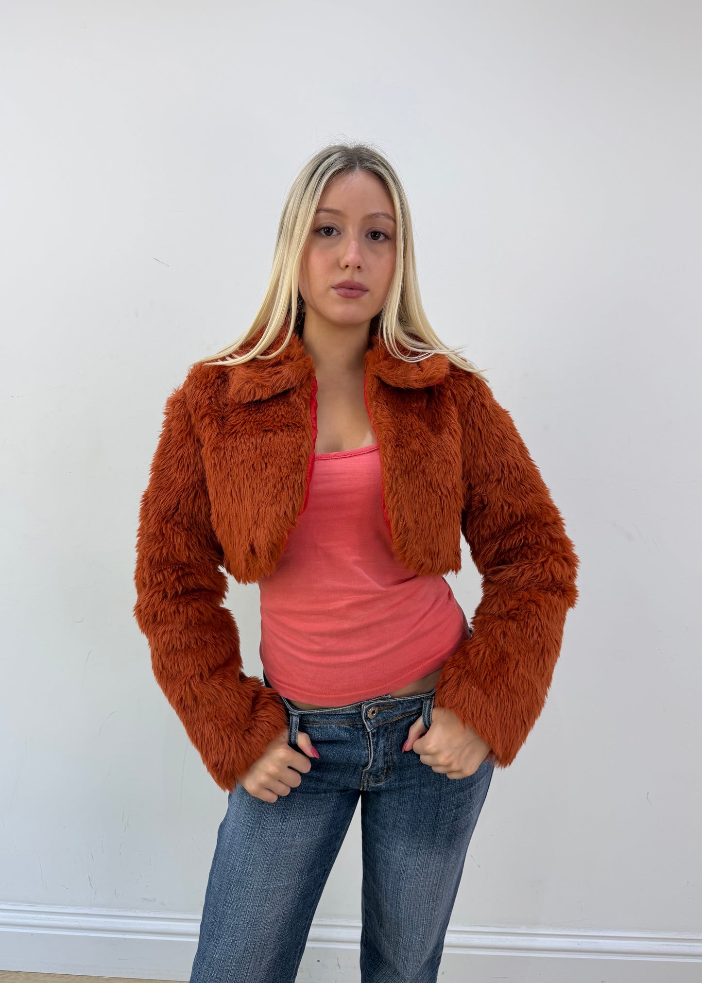 medium orange cropped faux fur jacket image 3
