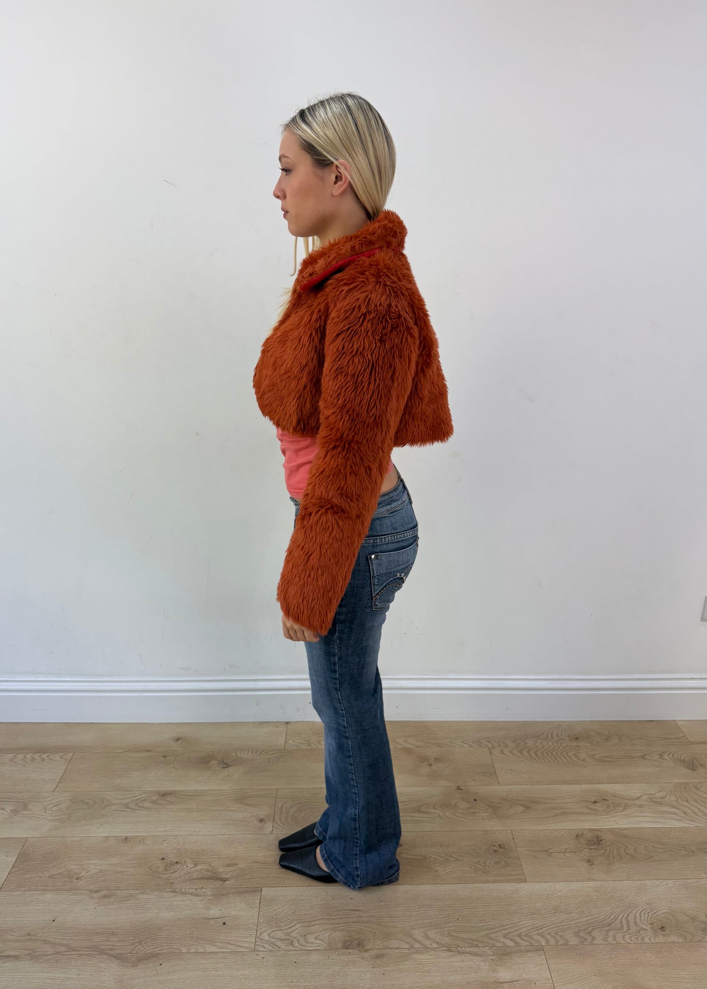 medium orange cropped faux fur jacket image 4