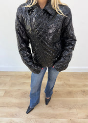 medium black glossy quilted jacket with embroidered back crest image 2