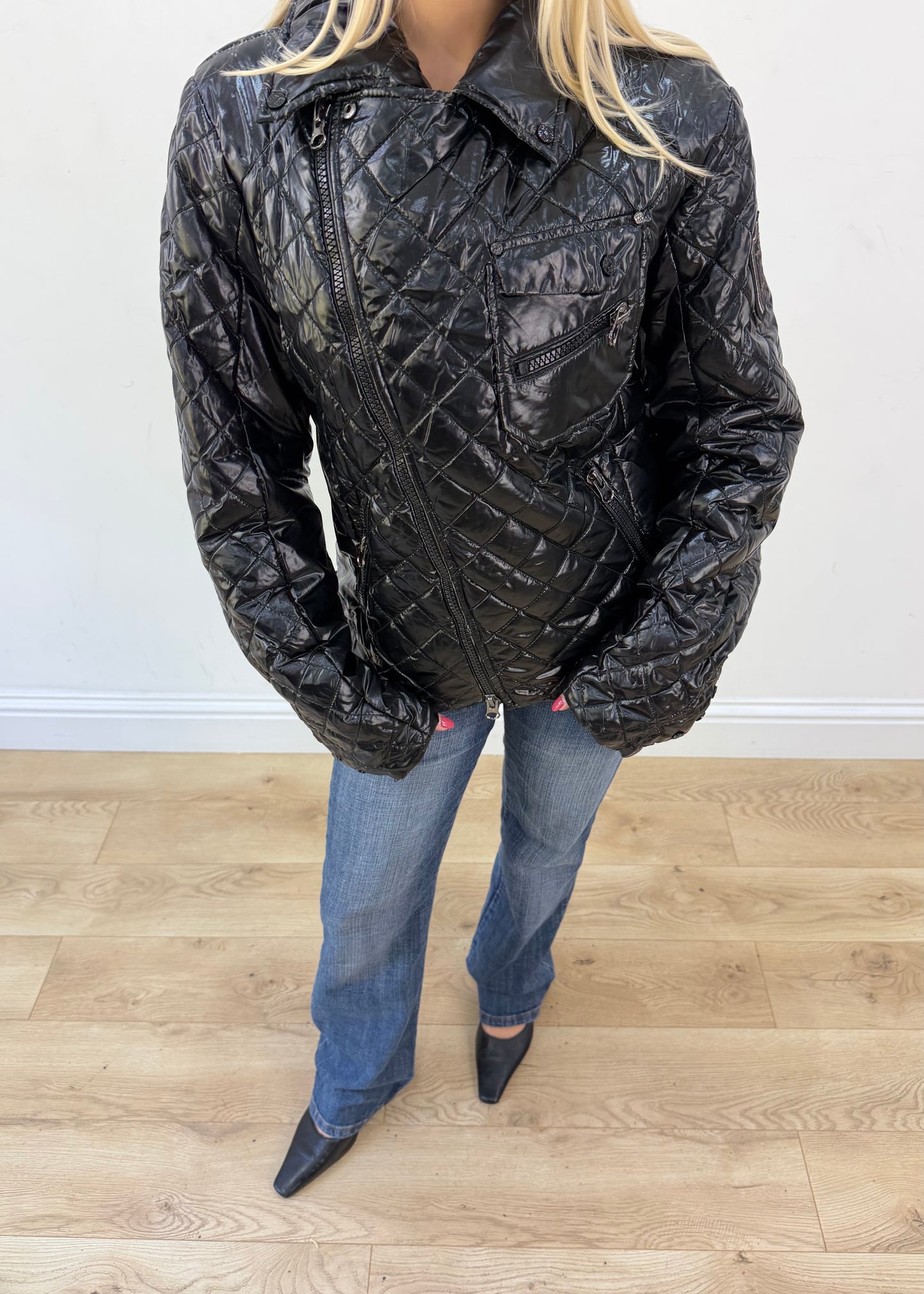 medium black glossy quilted jacket with embroidered back crest image 2