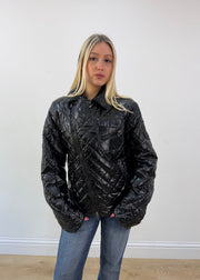 medium black glossy quilted jacket with embroidered back crest image 3