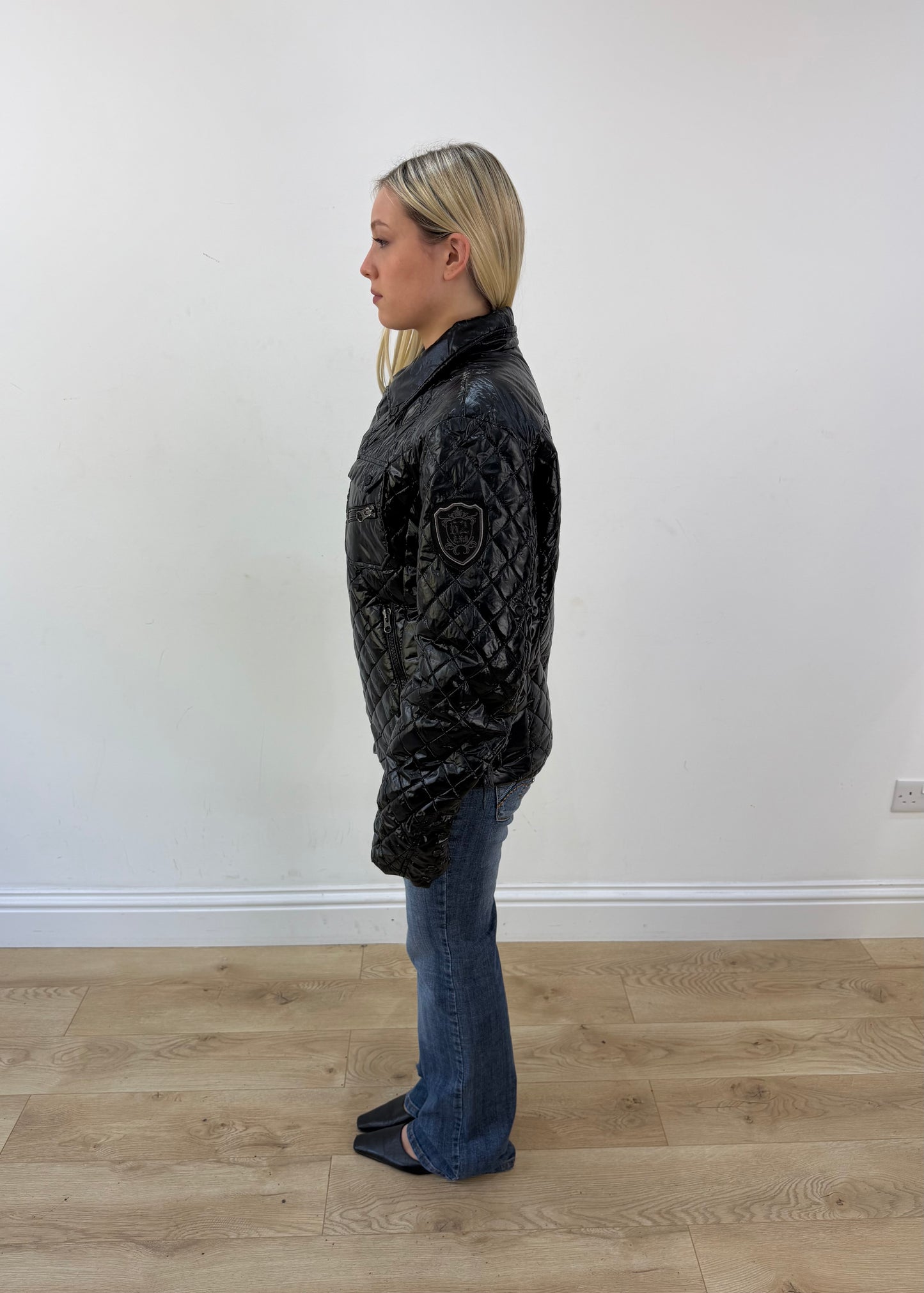 medium black glossy quilted jacket with embroidered back crest image 5