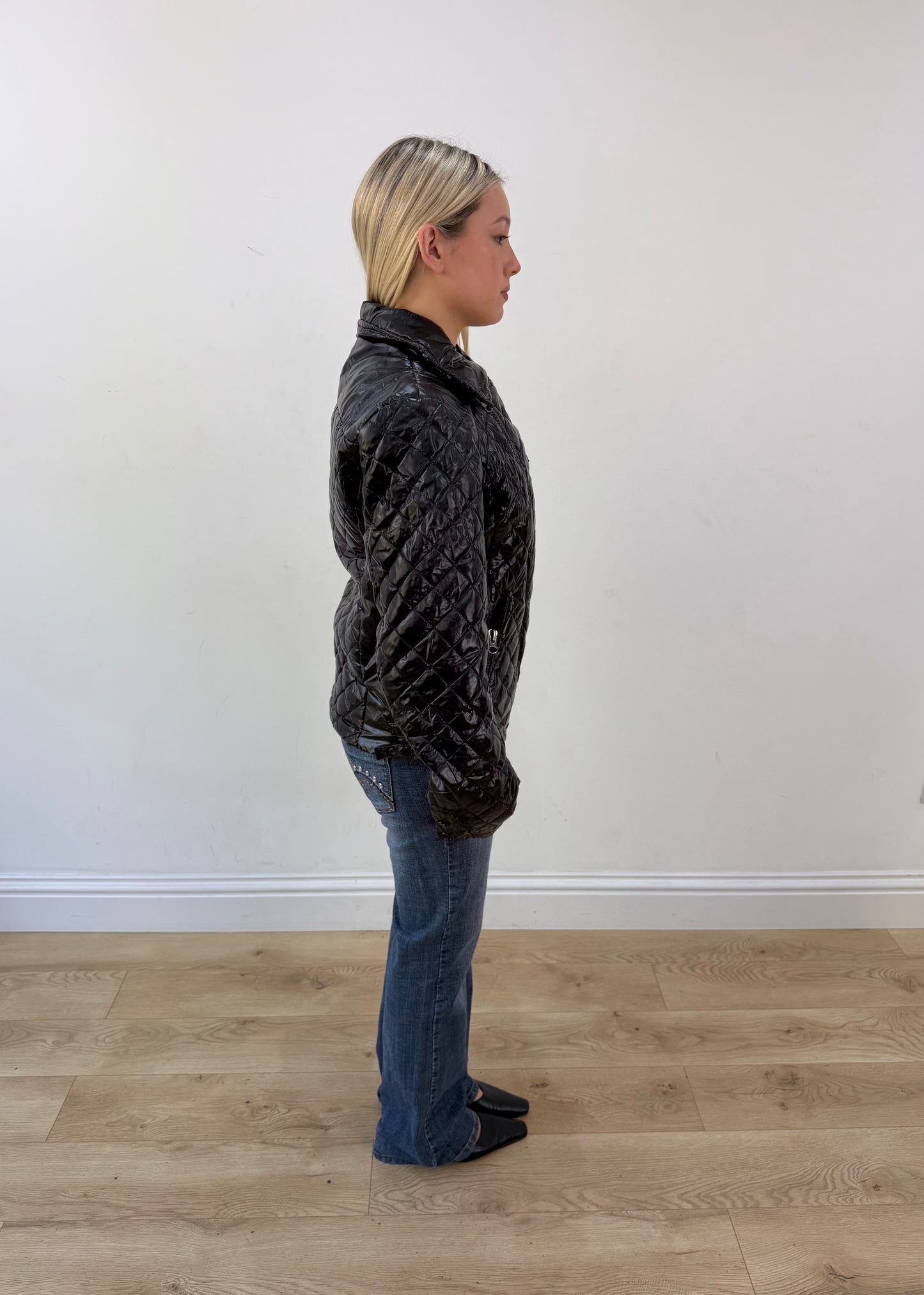 medium black glossy quilted jacket with embroidered back crest image 6