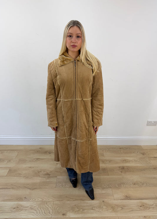 medium tan long shearling style coat 1