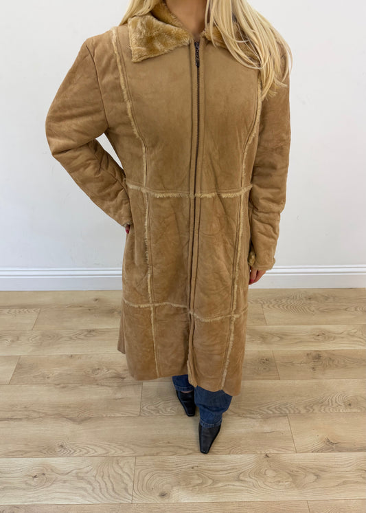 medium tan long shearling style coat 2