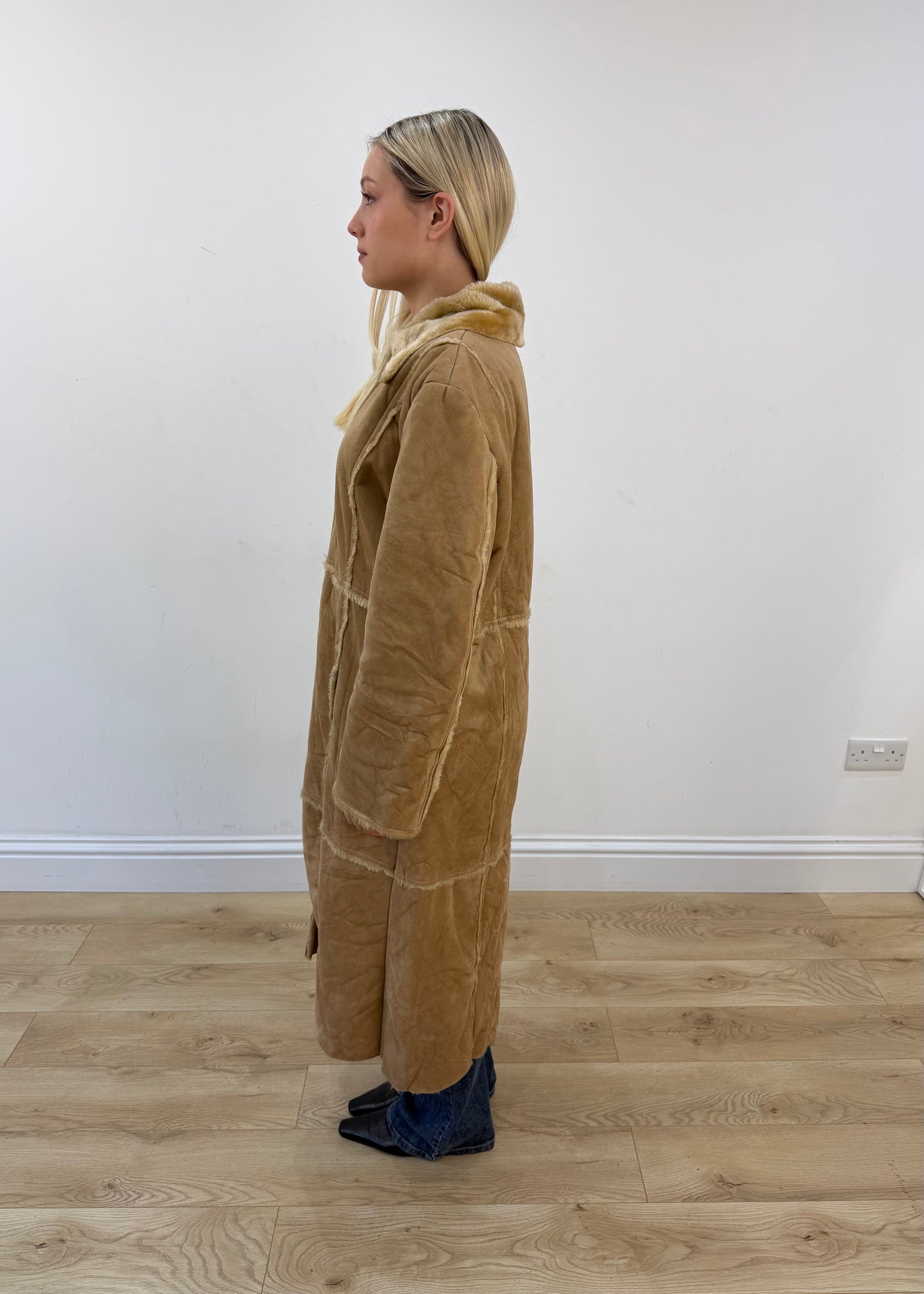 medium tan long shearling style coat 5
