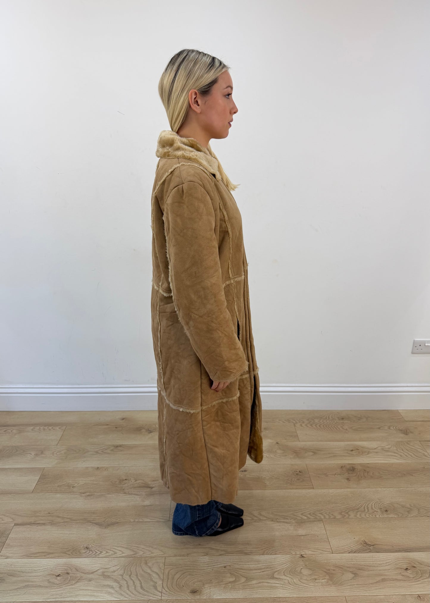 medium tan long shearling style coat 6