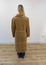medium tan long shearling style coat 7