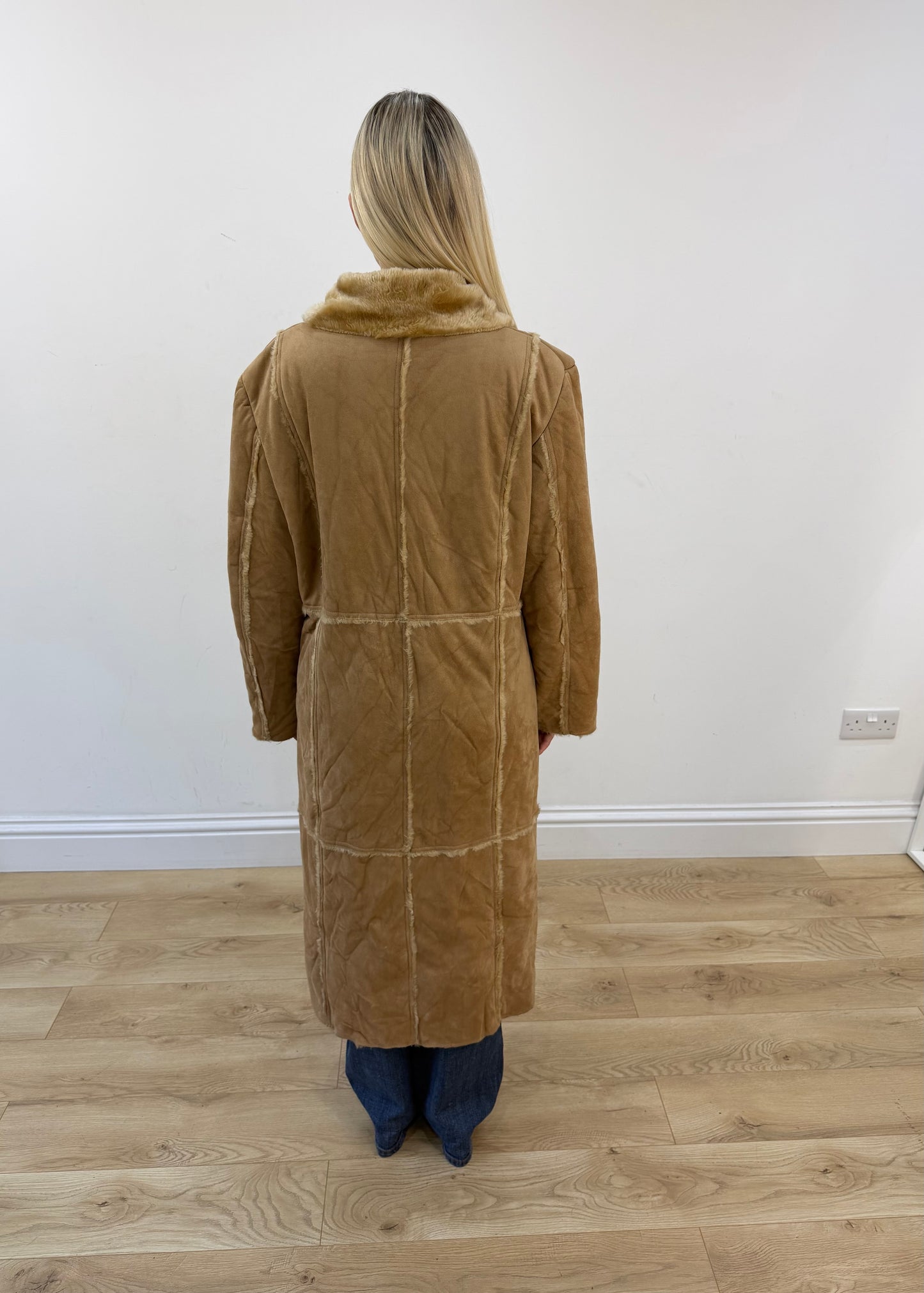 medium tan long shearling style coat 7