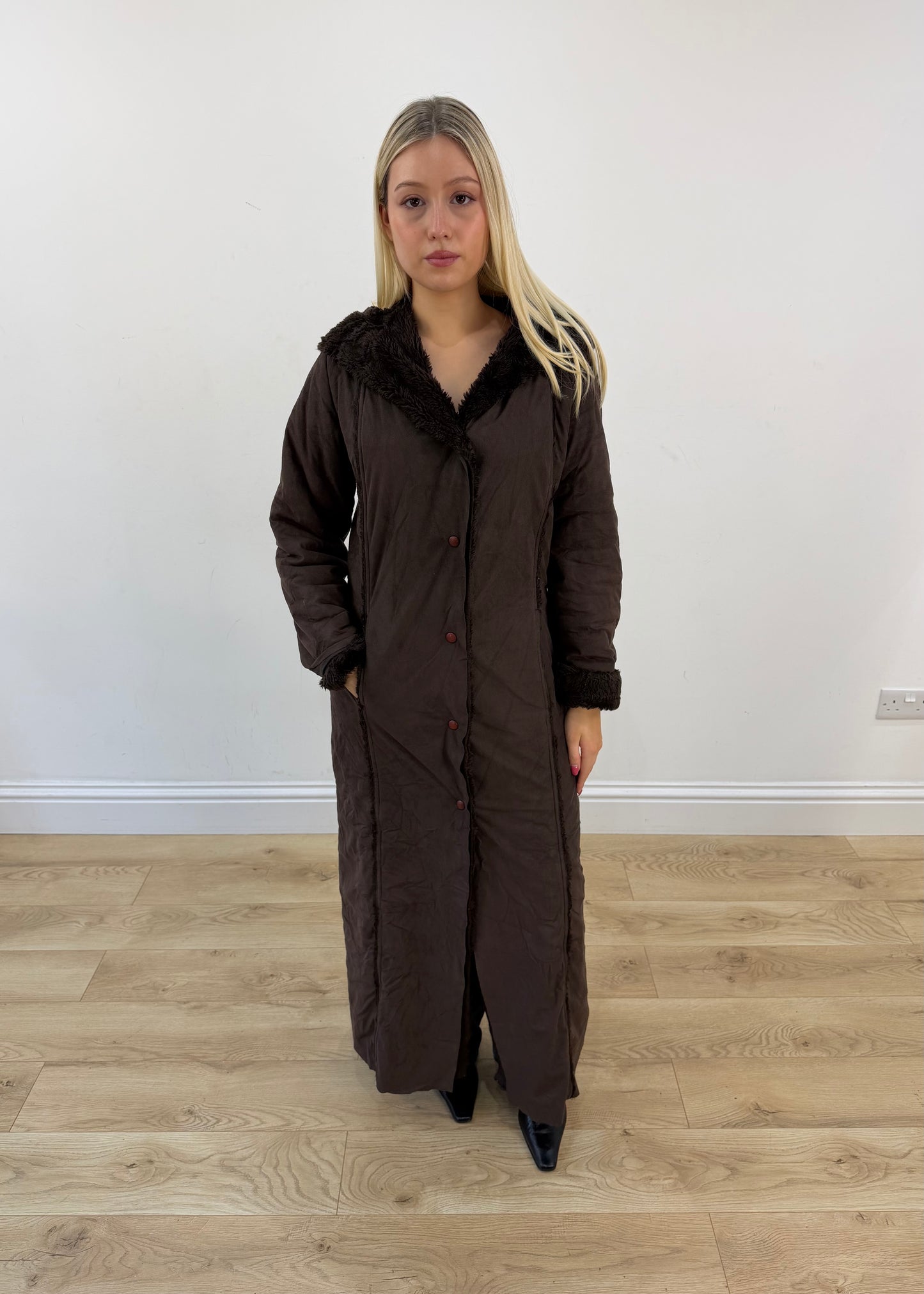 medium dark brown esisto hooded long coat 1