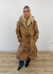 medium brown shatou long suede coat with faux fur collar 1