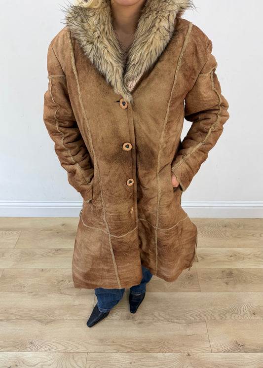 medium brown shatou long suede coat with faux fur collar 2