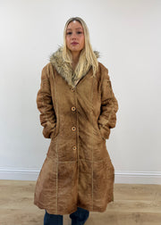 medium brown shatou long suede coat with faux fur collar 3