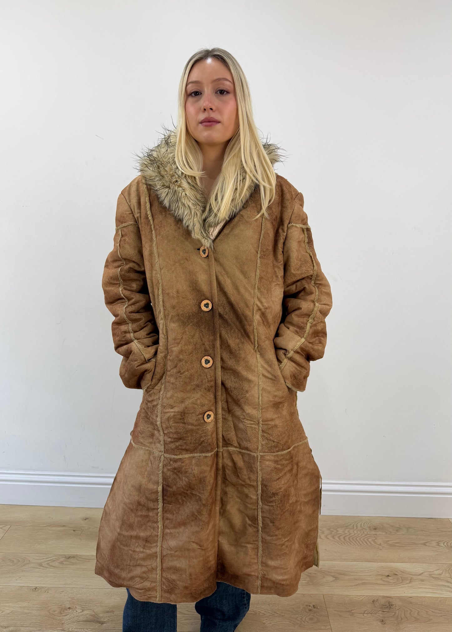 medium brown shatou long suede coat with faux fur collar 3
