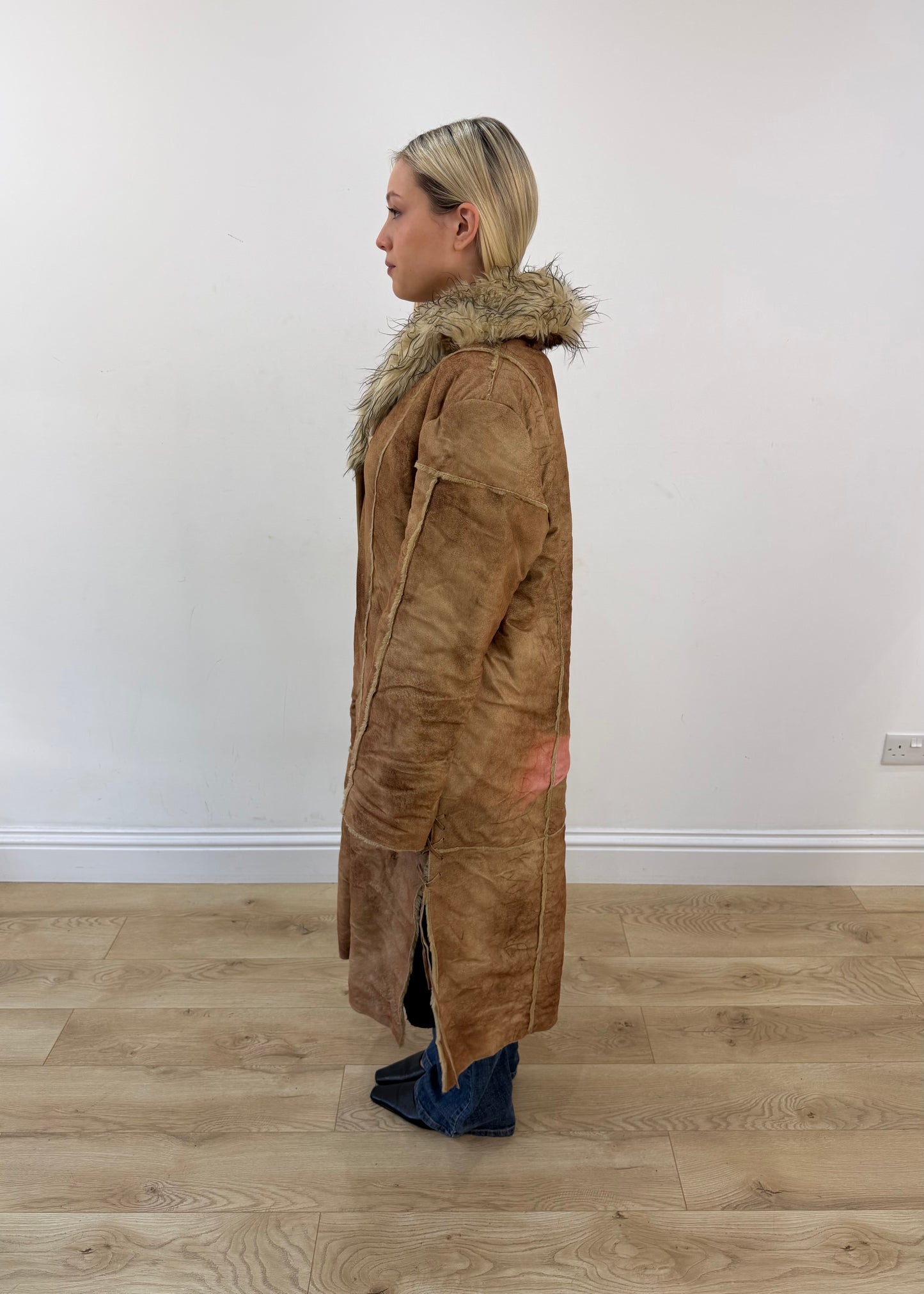 medium brown shatou long suede coat with faux fur collar 5