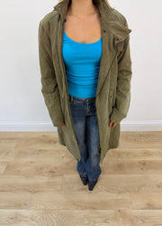 medium khaki sisley long coat aesthetic close up