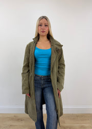 medium khaki sisley long coat front with model