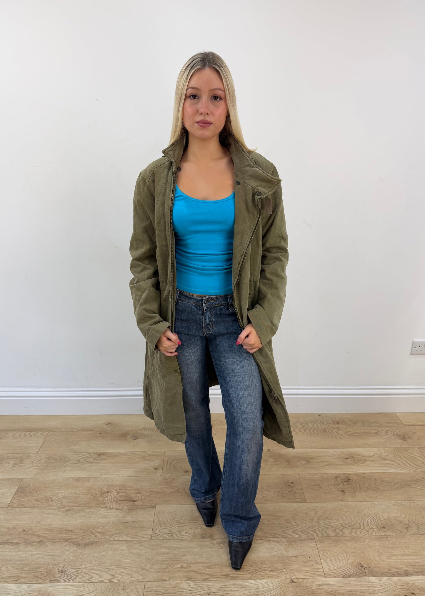 medium khaki sisley long coat posed view