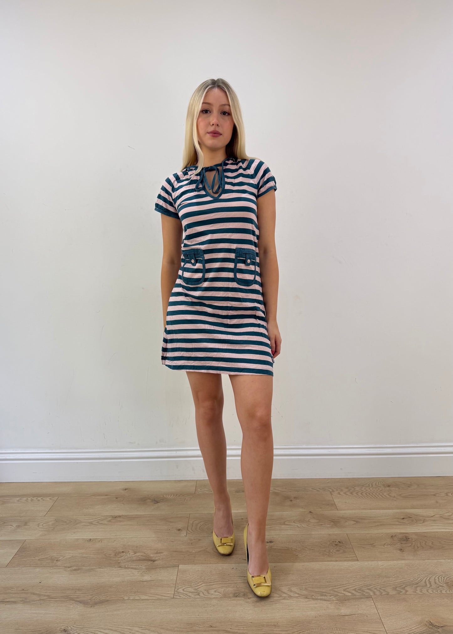 small pink and teal adidas stripy hooded mini dress