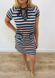 small pink and teal adidas stripy hooded mini dress