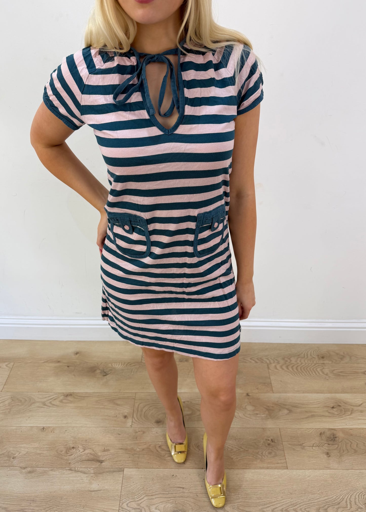 small pink and teal adidas stripy hooded mini dress