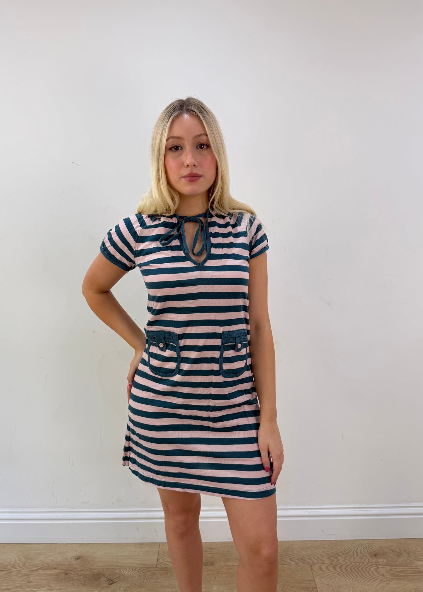small pink and teal adidas stripy hooded mini dress