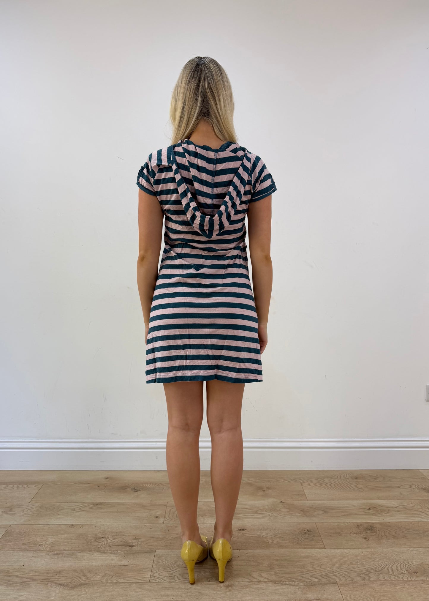 small pink and teal adidas stripy hooded mini dress
