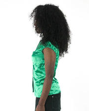 office siren | small emerald green satin-effect fitted short-sleeve shirt — final ecom crop