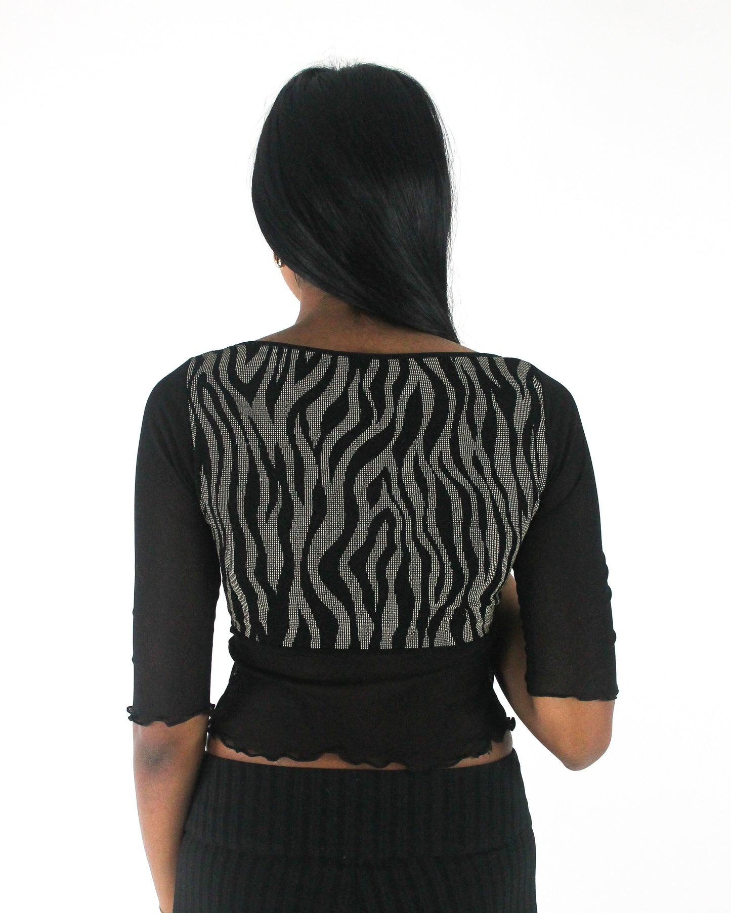 office siren | small black and grey zebra-pattern cropped top — final ecom crop