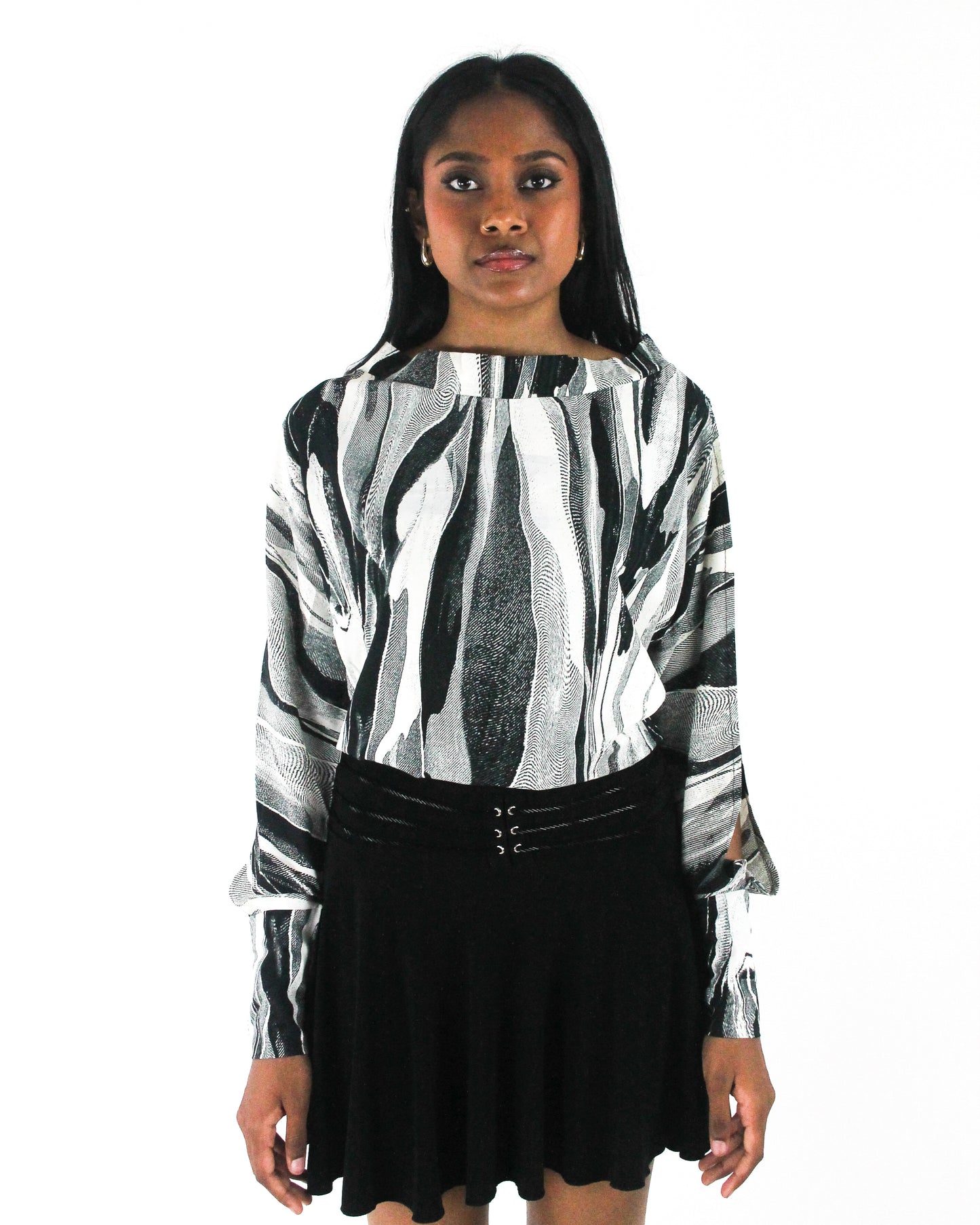office siren | small black and grey abstract-striped asymmetric blouse — final ecom crop