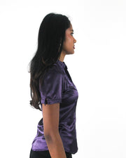 office siren | small purple satin-effect fitted short-sleeve shirt — final ecom crop