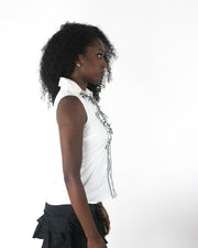 office siren | small white sleeveless collared shirt with black piping — final ecom crop