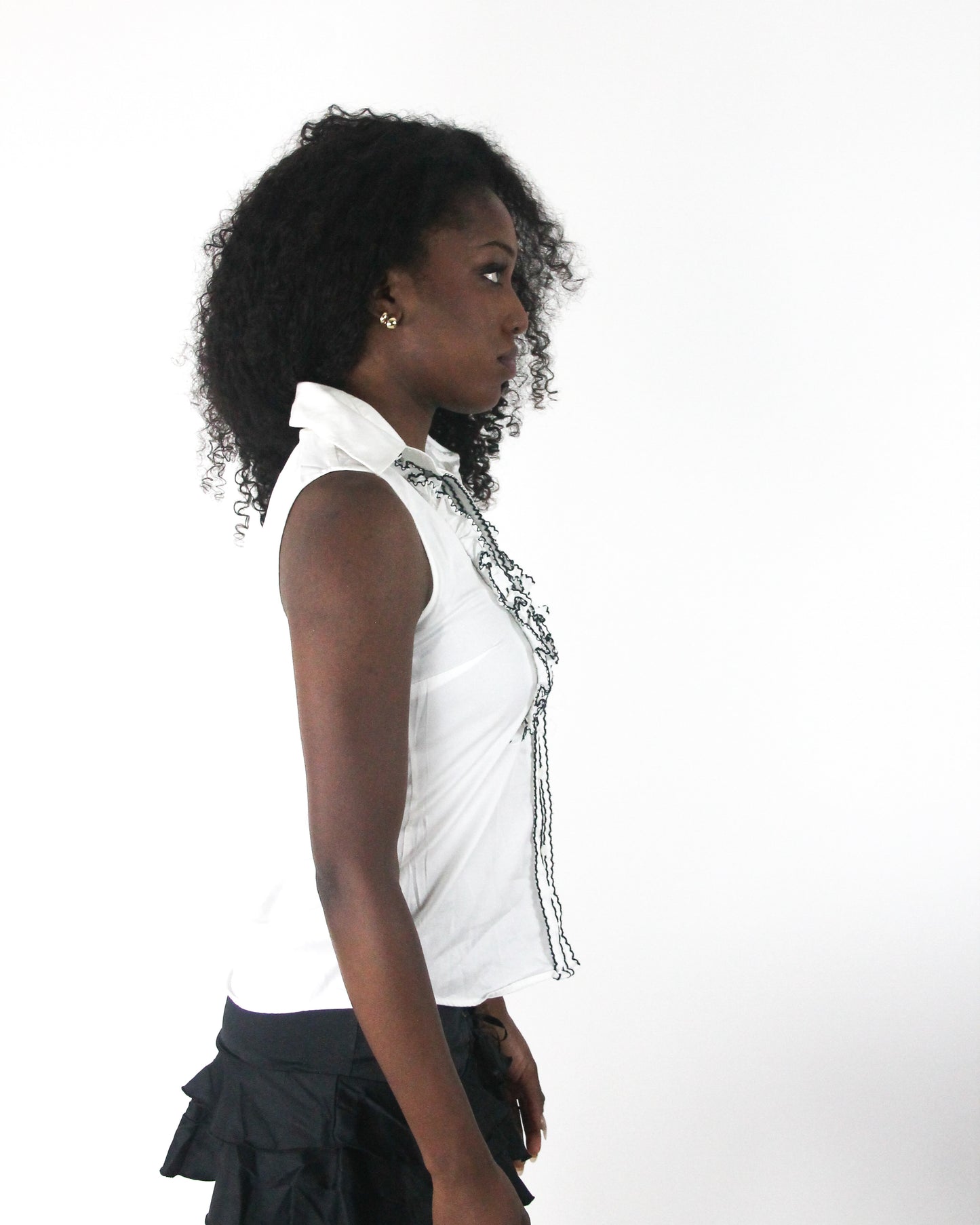 office siren | small white sleeveless collared shirt with black piping — final ecom crop