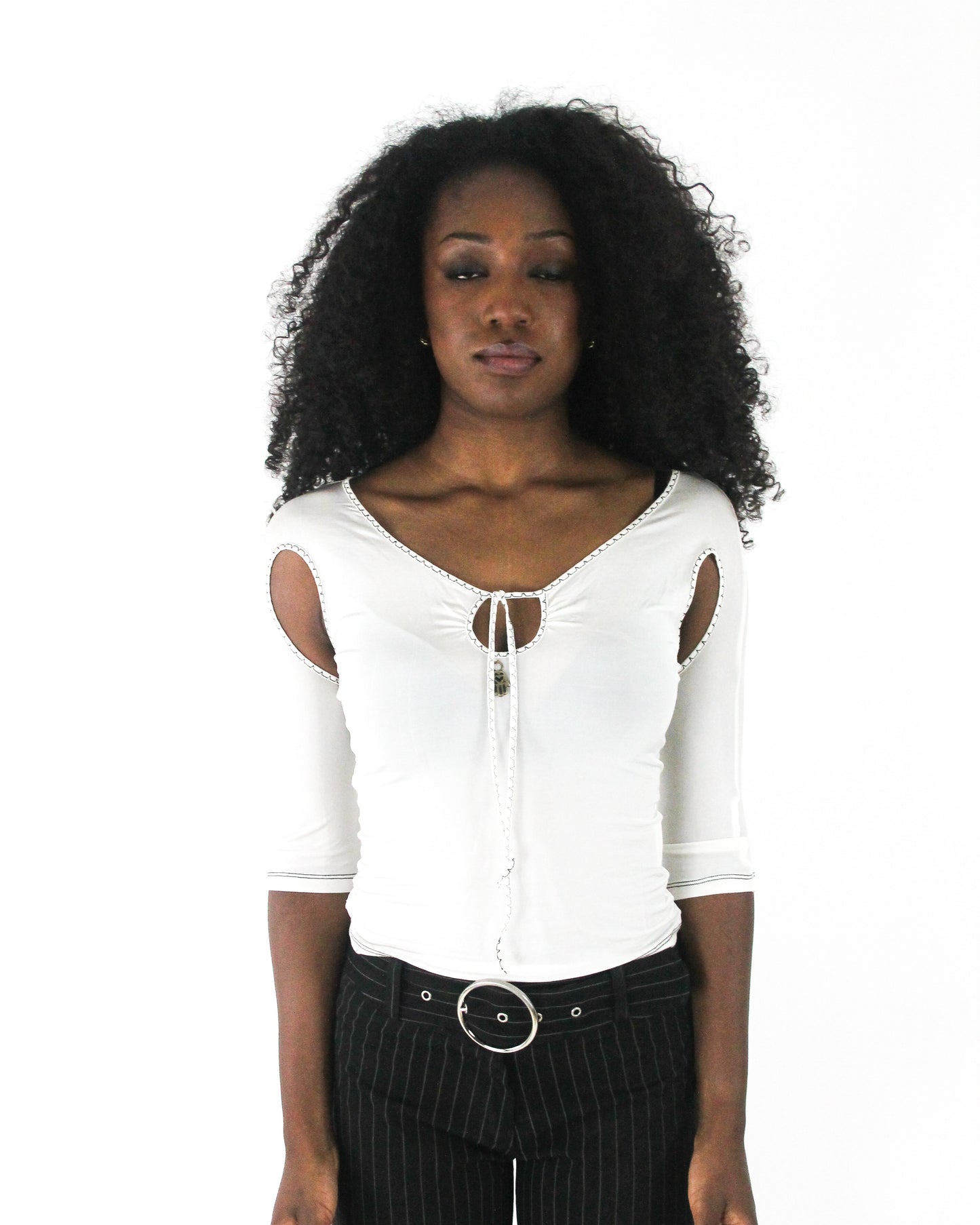 office siren | small white cold-shoulder tie-front top — final ecom crop