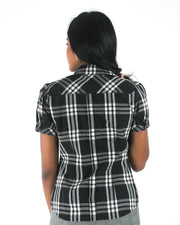 office siren | small black and white plaid short-sleeve fitted blazer — final ecom crop